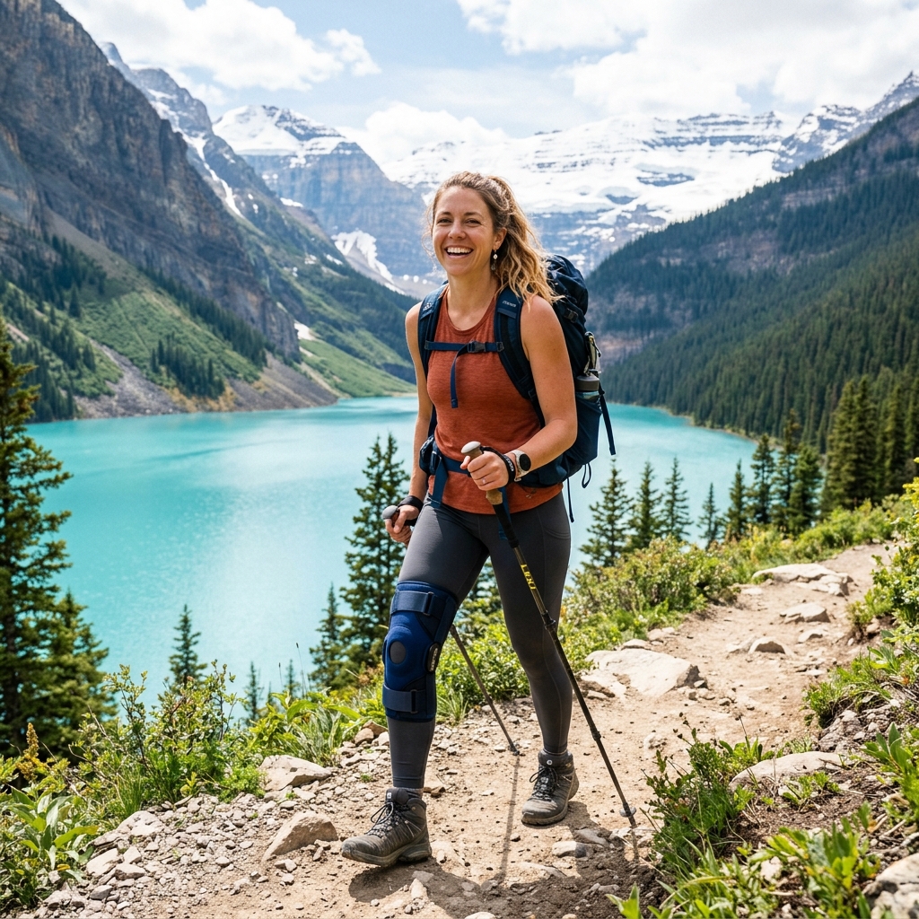 Active hiking wearing a knee brace